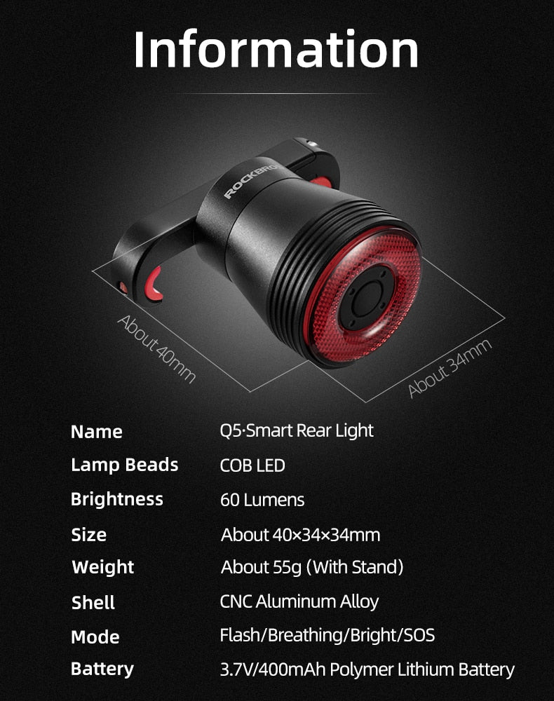 Bicycle Smart Brake Sensing Light Auto Start/Stop IPx6 Waterproof