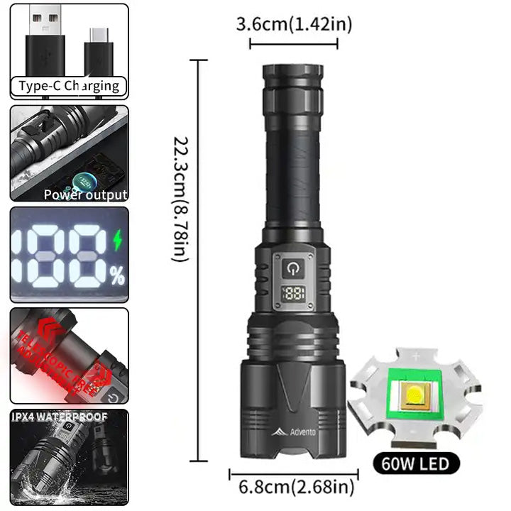 Ultra Bright 60W 5000 Lumens LED Torch – Batteries Included