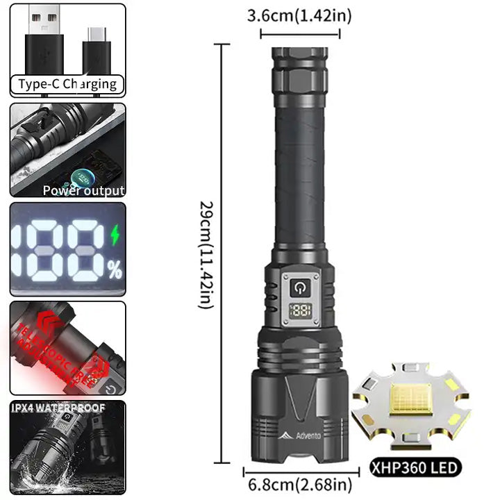 5000 Lumens XHP360 LED Rechargeable Torch – Batteries Included