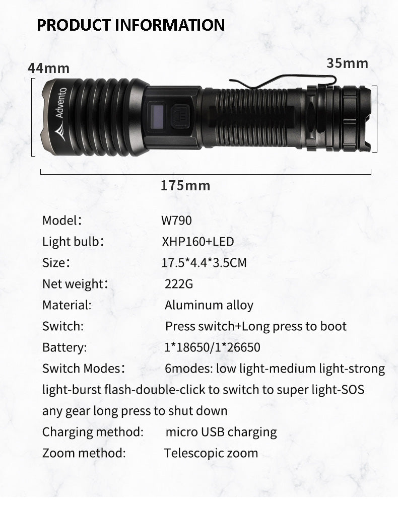 XHP160 2200 Lumen LED Tactical Flashlight - (including 26650 Battery), Aluminum Body, Survival & Rescue Torch with Smart Screen & Power Bank Function