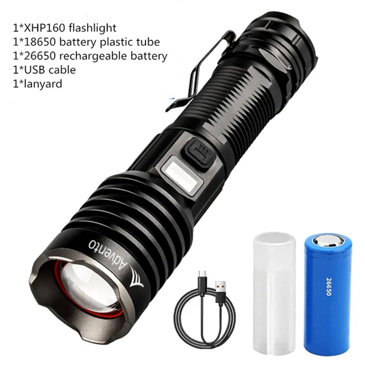 XHP160 2200 Lumen LED Tactical Flashlight - (including 26650 Battery), Aluminum Body, Survival & Rescue Torch with Smart Screen & Power Bank Function