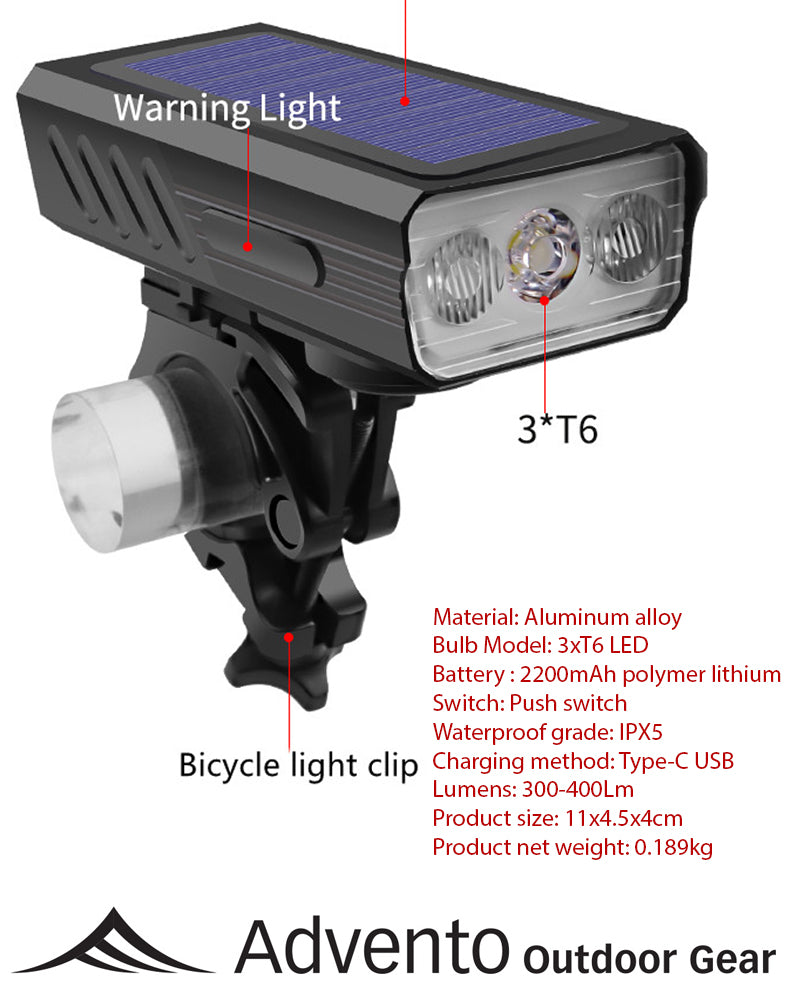 Powerful Solar Charging Bicycle Headlight with Horn - 3T6 LED, 6 Siren Horn Sounds