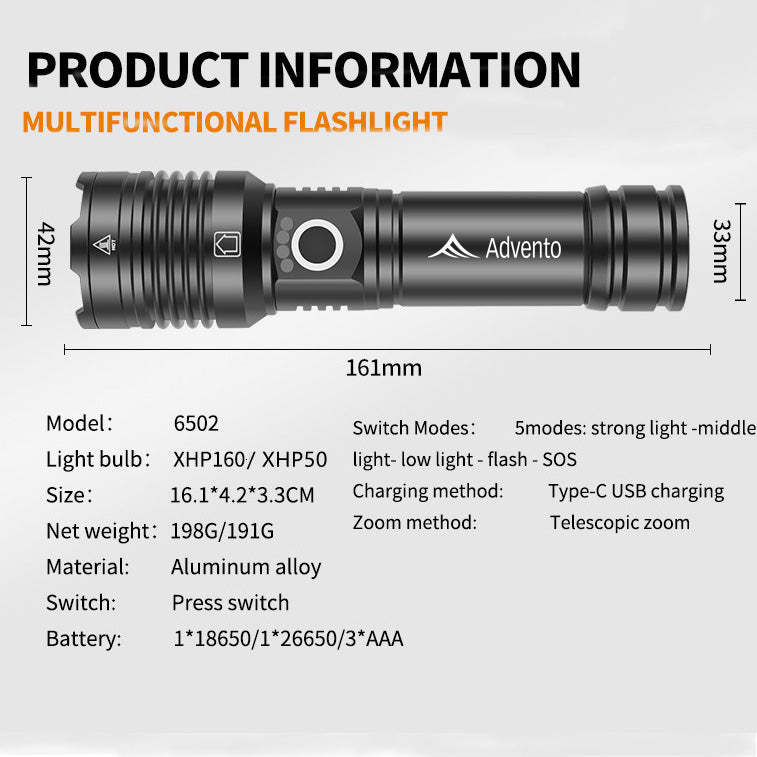 xhp50 Rechargeable powerful flashlight With 5 Light Modes