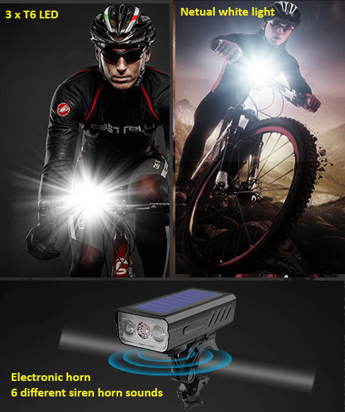 Powerful Solar Charging Bicycle Headlight with Horn - 3T6 LED, 6 Siren Horn Sounds