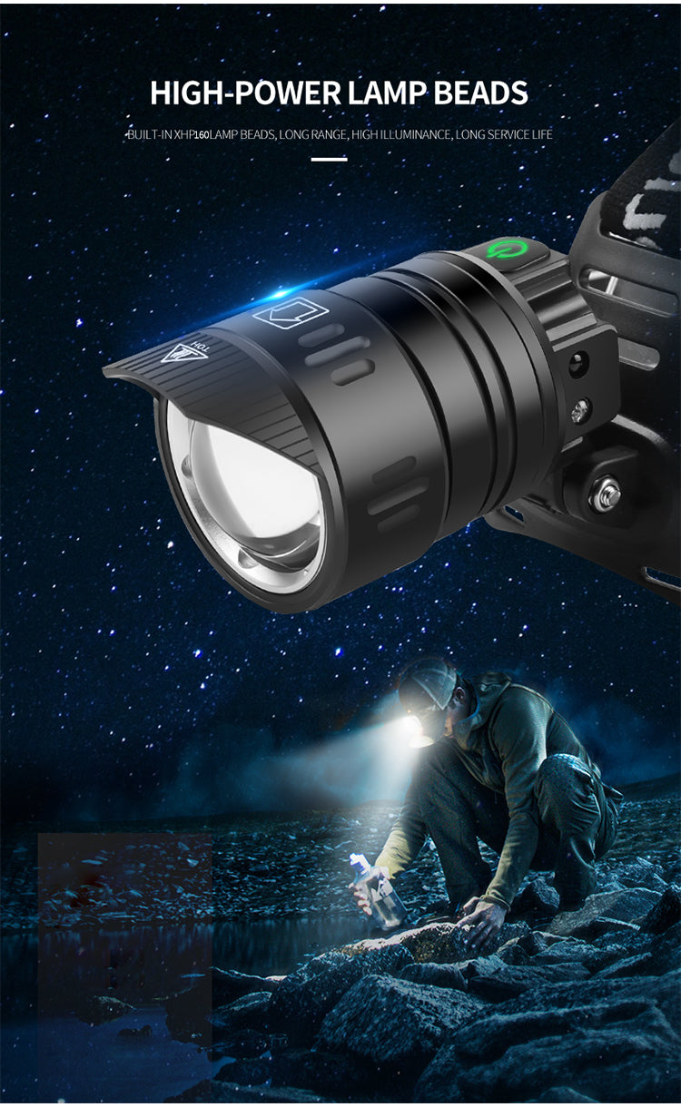XHP160 UltraBright LED Headlamp: Rechargeable, Water-Resistant & Zoomable with Power Bank Function and IR Sensor – Ideal for Camping, Hunting, Cycling and Farming