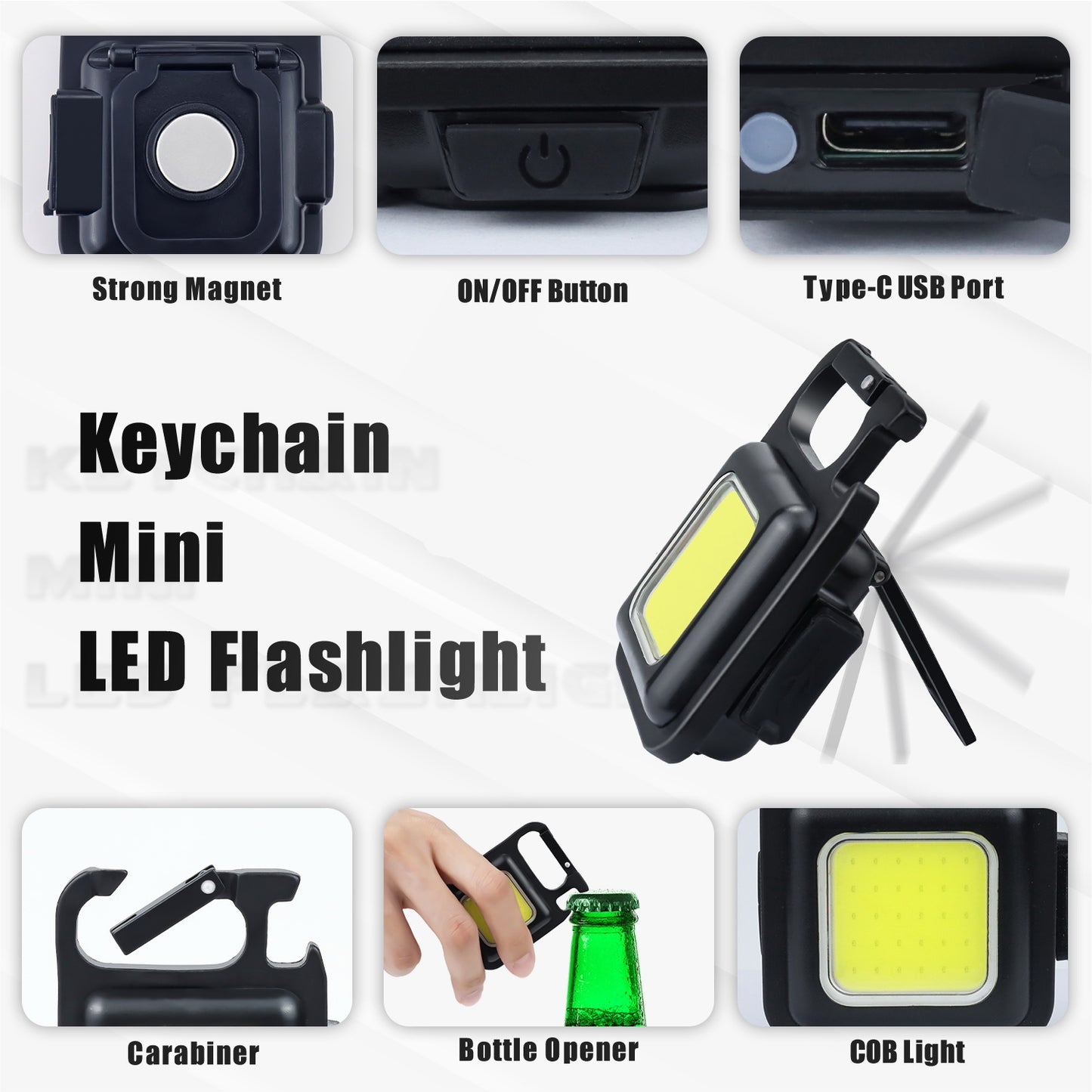Mini USB Rechargeable LED Keyring Work Light with Folding Bracket, Bottle Opener and Magnet Base