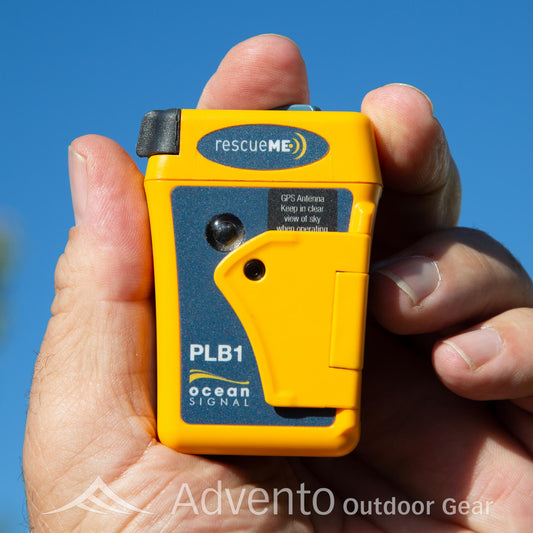 Ocean Signal RescueME PLB1 held in hand, demonstrating its portable size