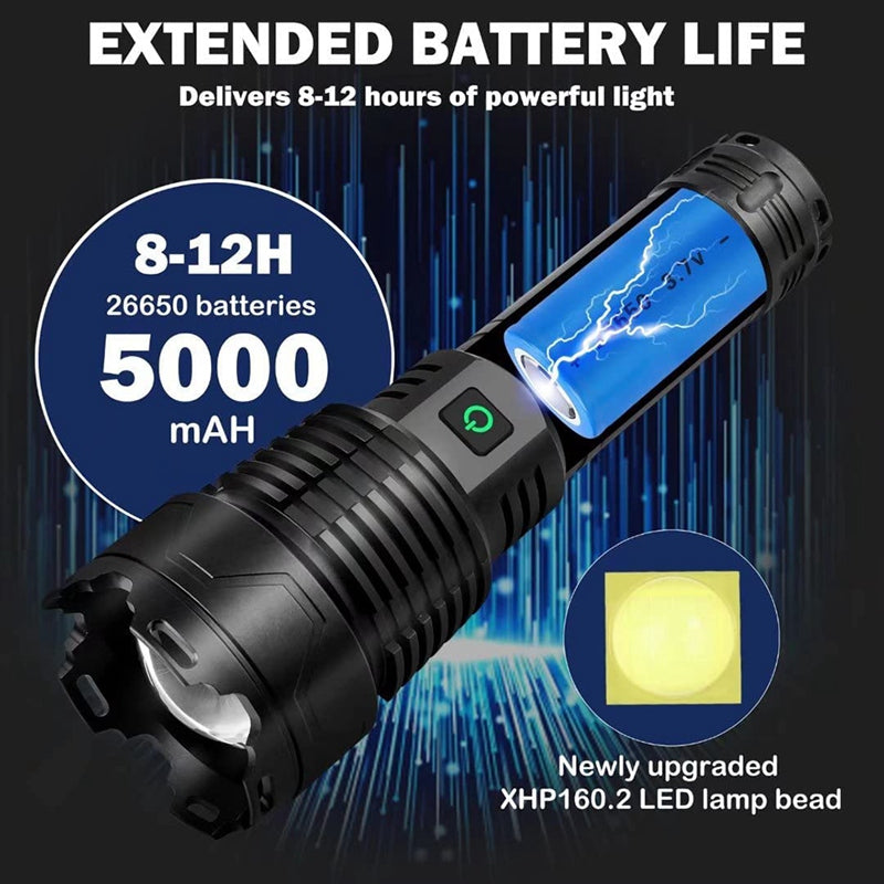 Super Bright Powerful Flashlight, 2200 Lumens XHP160.2 LED Zoomable Torch Type C USB Rechargeable, (including 26650 Battery)