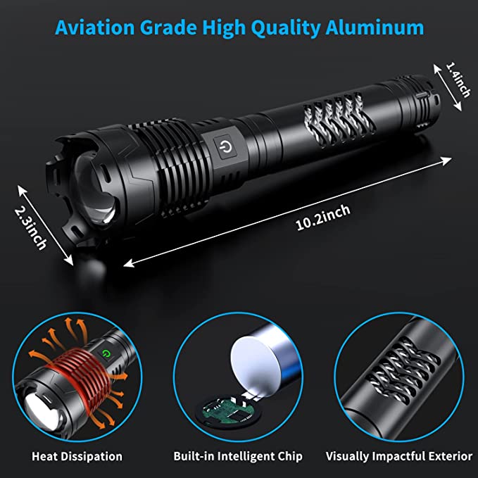 Super Bright Powerful Flashlight, 2200 Lumens XHP160.2 LED Zoomable Torch Type C USB Rechargeable, (including 26650 Battery)