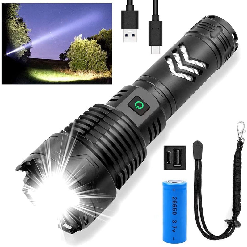 Super Bright Powerful Flashlight, 2200 Lumens XHP160.2 LED Zoomable Torch Type C USB Rechargeable, (including 26650 Battery)