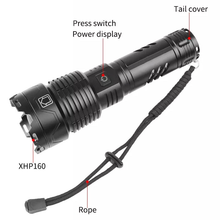 Super Bright Powerful Flashlight, 2200 Lumens XHP160.2 LED Zoomable Torch Type C USB Rechargeable, (including 26650 Battery)