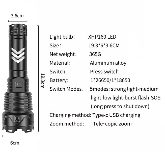 Super Bright Powerful Flashlight, 2200 Lumens XHP160.2 LED Zoomable Torch Type C USB Rechargeable, (including 26650 Battery)