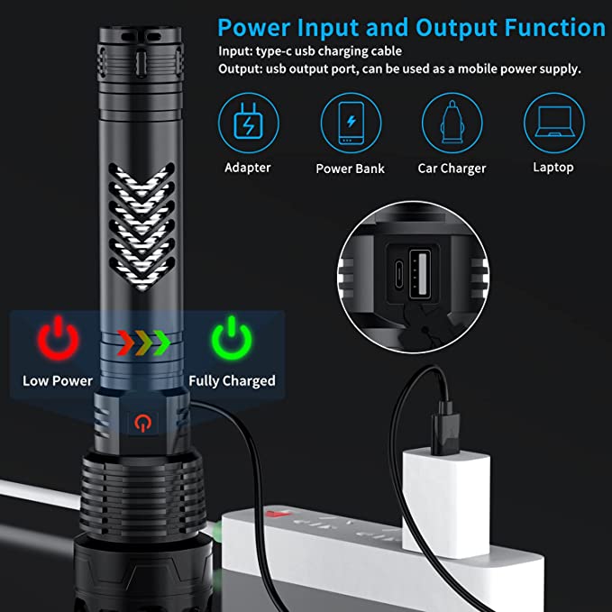 Super Bright Powerful Flashlight, 2200 Lumens XHP160.2 LED Zoomable Torch Type C USB Rechargeable, (including 26650 Battery)