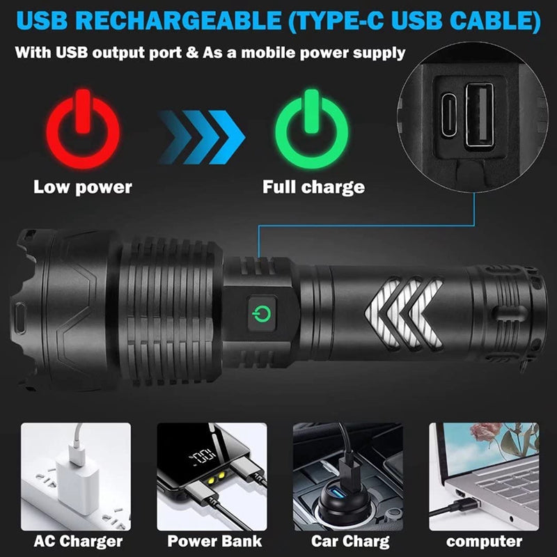 Super Bright Powerful Flashlight, 2200 Lumens XHP160.2 LED Zoomable Torch Type C USB Rechargeable, (including 26650 Battery)