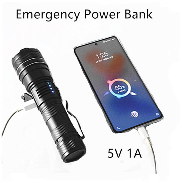 XHP90 Powerful Rechargeable Torch (including 26650 Battery) With Power Bank & 5 Light Modes & Clip